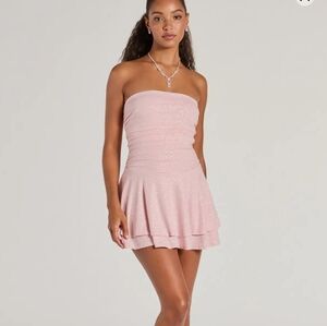 NWT Windsor Glittery Pink Strapless Tiered Ruffle Skater Mini Dress Small